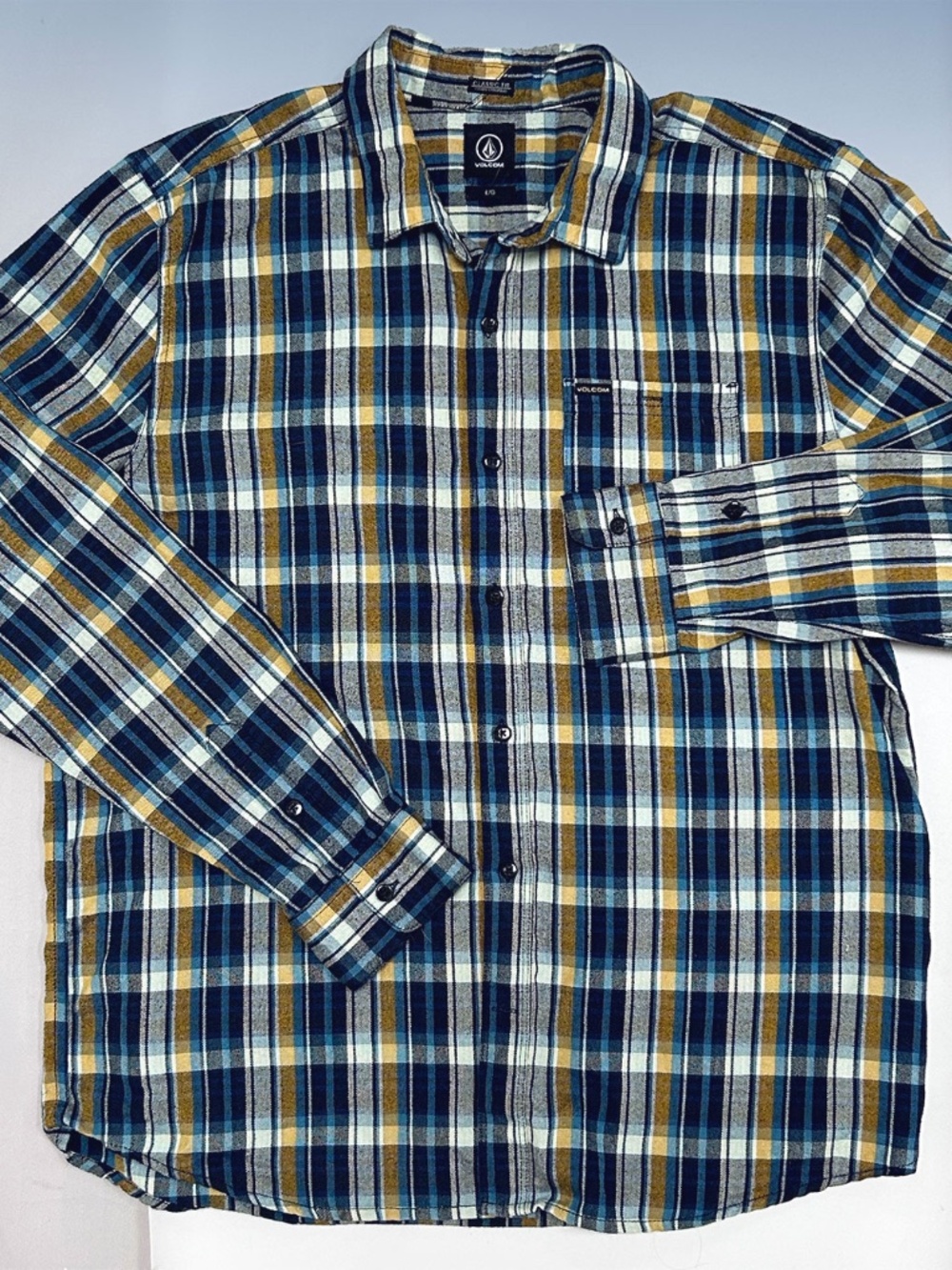VOLCOM Long Sleeve Button-Up Plaid Shirt Blue Yellow - Size Large